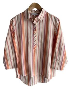 Foxcroft Non-Iron Striped Blouse Sz 8 Pink Classy Capsule Shirt Summer Top
